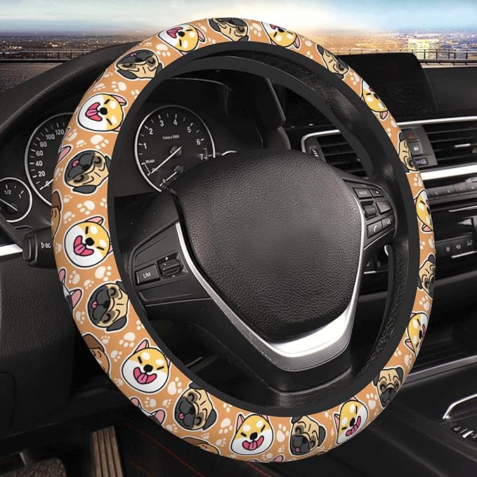 Cute Dog Print Neoprene Steering Wheel Cover Anti-Slip Elastic Pet Face Steering Wheel Protective Cover 15in Universal Car Accessories Fit Cars, SUVs, Auto