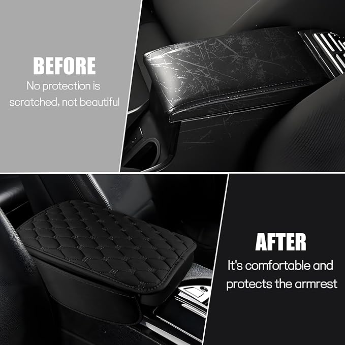 Car Center Console Cover, Leather Auto Armrest Cover Protector, Waterproof Armrest Center Console Pad with 2 Storage Bags, Universal Armrest Seat Box Pad for Vehicle SUV Truck (Black)