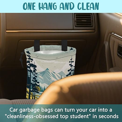 KXWQTRDD Car Garbage Bag Mountain and River Forest Hanging Canvas Car Trash Bag Waterproof Drawstring Car Back Seat Organizer for Car Back Front Seat Console with Adjustable Buckle