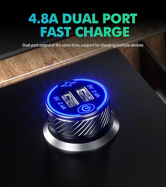 【2Pack】 USB Car Charger, Dual USB Port Cigarette Lighter Adapter, 5V/4.8A Charge Car Phone Charger with Blue LED & Touch Switch