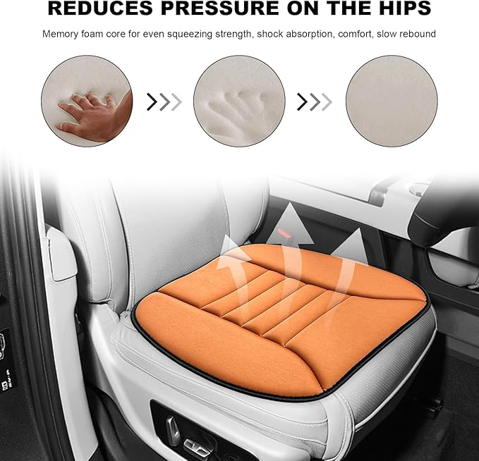 Car Seat Cushion, 1.2" Thick Comfort Memory Foam Auto Seat Pad with Non Slip Bottom, Breathable Driver Seats Pillow Pressure Relief Chair Cushion for Vehicle Office Home (Orange)