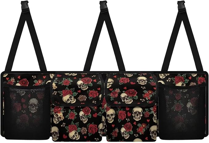 Skull Rose Car Trunk Organizer with 4 Storage Bags Hanging Waterproof Car Back Seat Organizer for SUV,Truck,Van Collapsible Cargo Bag