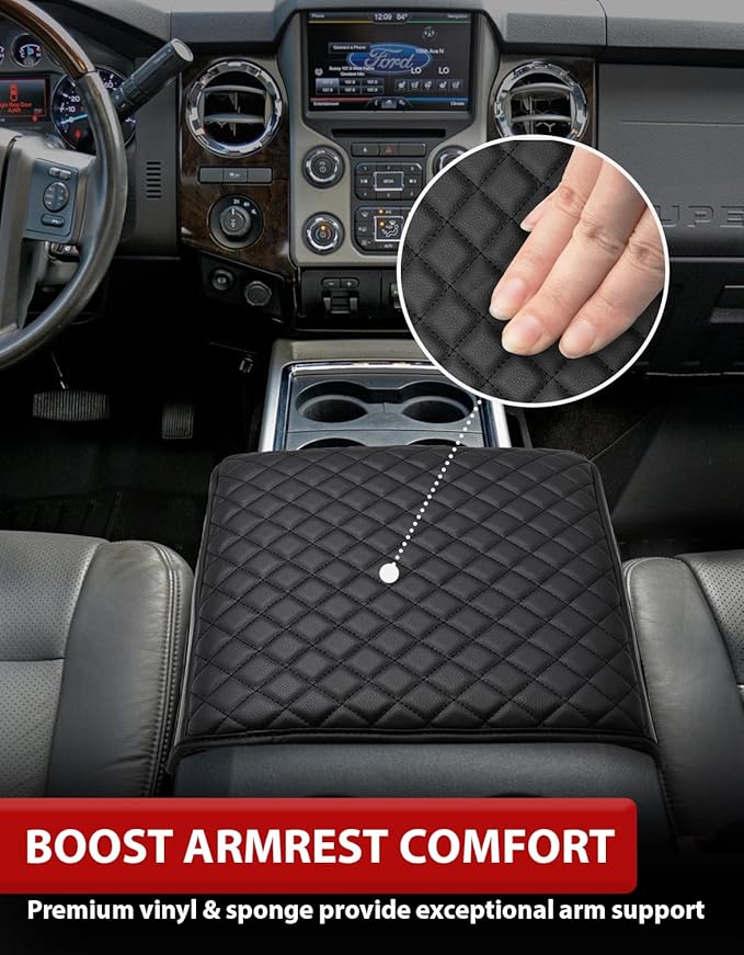 KBH Center Console Cover for Ford F250 F350 F450 F550 2011 2012 2013 2014 2015 2016, Vinyl Leather, Armrest Cushion Pad Protector, Anti-Scratch, Black (Fits Bucket Seat Console Only)