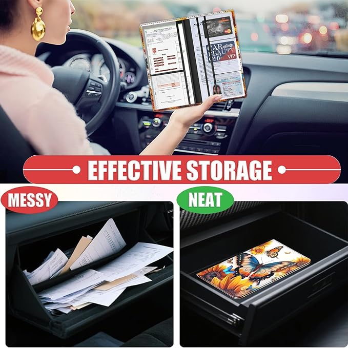 Car Registration Holder, Waterproof PU Leather Vehicle Card Document Glove Box Organizer, Women Interior Auto Accessories Case for Cards, Driver License Car Insurance Holder, Butterflies + Sunflowers
