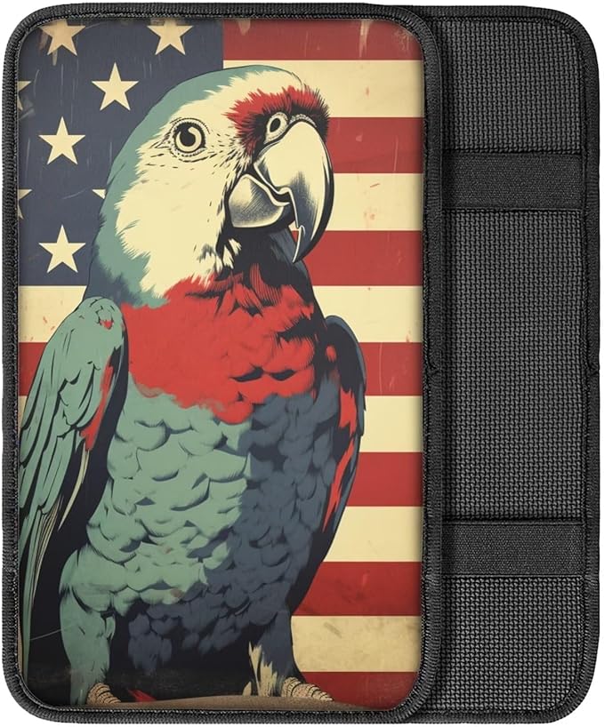 Car Center Console Pad, Universal Waterproof Car Armrest Seat Box Cover, Car Interior Accessories for Most Vehicle SUV Truck Vintage American Flag Parrot Car Armrest Pad