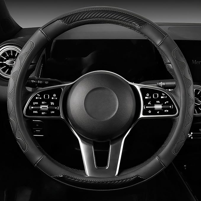 SEG Direct Car Steering Wheel Cover Medium Size 14 1/2"-15" Embossed Microfiber Leather with Carbon Fiber Pattern Black