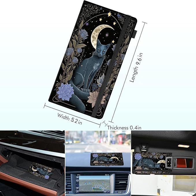 RAUEDWDJS Car Registration and Insurance Holder,Leather Vehicle Glove Box Organizer Wallet Case for Driver's License,ID Key Information Cards-Witchy Cat Moon