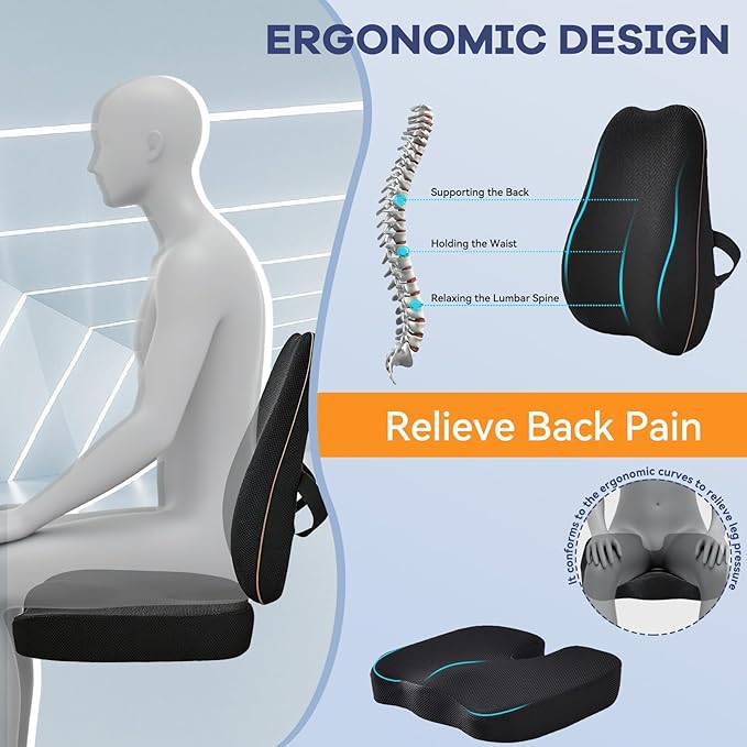 Car Seat Cushion with Lumbar Support for Long Drives – 3D Breathable Mesh Memory Foam Pad, Non-Slip Truck Seat Cushion with Adjustable Strap, Lower Back Support for Car, Office, Gaming Chair, Black