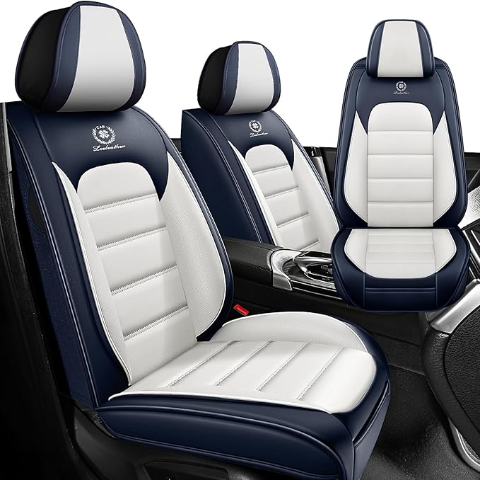 Iceleather Car Seat Covers for Ford Edge 2007-2025,Waterproof Soft Breathable PU Leather Seat Cover with Storage Pockets(Blue&White,Front Set)