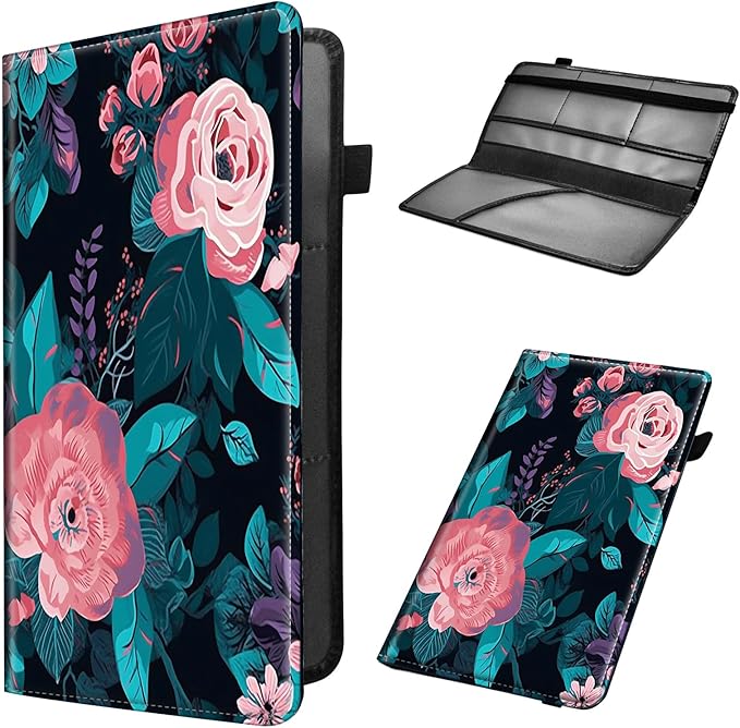 Mxfdegf Car Registration and Insurance Holder, Leather Car Glove Box Organizer, Cool Car Accessories for ID, Driver's License Cards & Essential Document,business cards,Men&Women,Pink Flowers