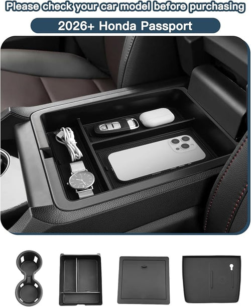 (4PCS) 2026 Passport Center Console Organizer,for Honda Passport 2026 Accessories (Armrest Privacy+Center+Cup Holder+Wireless Mats) Compatible with 2026 Honda Passport TrailSport/TrailSport Elite/RTL