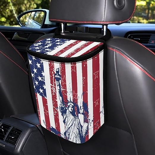 USA Flag Pattern Trash Can with Lid - Leak Proof, Hanging Waterproof Garbage Bag for Car Accessories - Multipurpose Storage Container for Back Seat, Road Trip - Black
