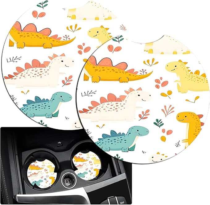 JANENFNA Car Armrest Cover Pads Universal Fashion Cute Auto Center Console Armrest Cover Pad with 2PCS Car Coasters Soft Waterproof Car Armrest Seat Protector for Women,Cute Dinosaur