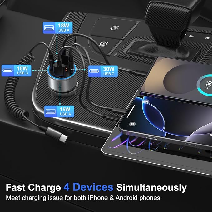 Car Charger USB C, 65W Multi Port Dual 12V USB C Car Charger Adapter with Voltage Display PD/QC 3.0 Super Fast Charging Cigarette Lighter Adapter for iPhone 17 16 15 14 13 12 Pad Pro Air(Gray)