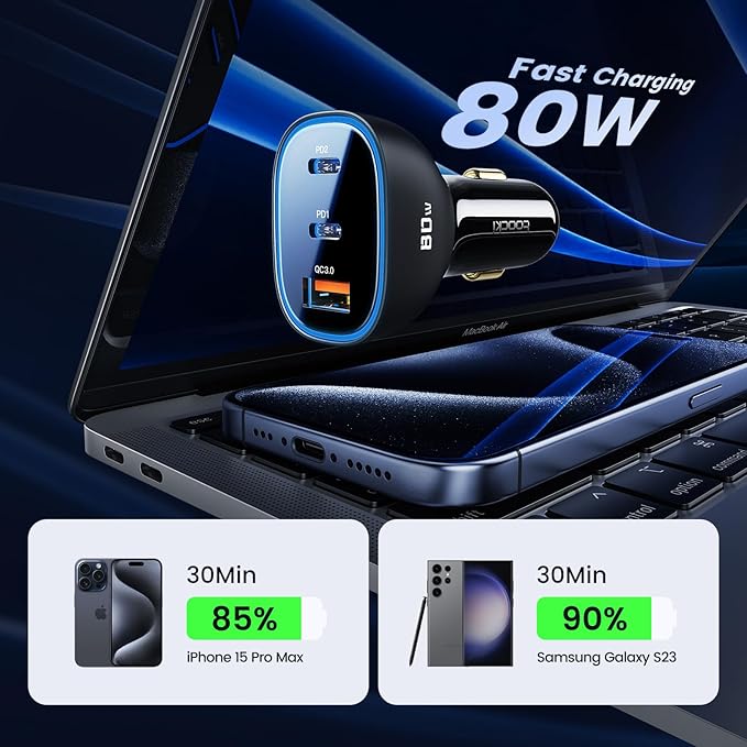 80W USB C Car Charger, 3-Port Cigarette Lighter USB Charger Adapter, QC&PD Type C Car Charger Adapter Fast Charging for iPhone 15/14/13/12 Pro Max Samsung Galaxy S23/22/21 Pixel iPad Pro