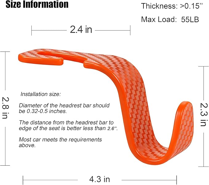 Amooca Car Seat Headrest Hook 4 Pack Hanger Universal Vehicle Car Storage Organizer for Handbag Purse Coat S Type Checkered Orange