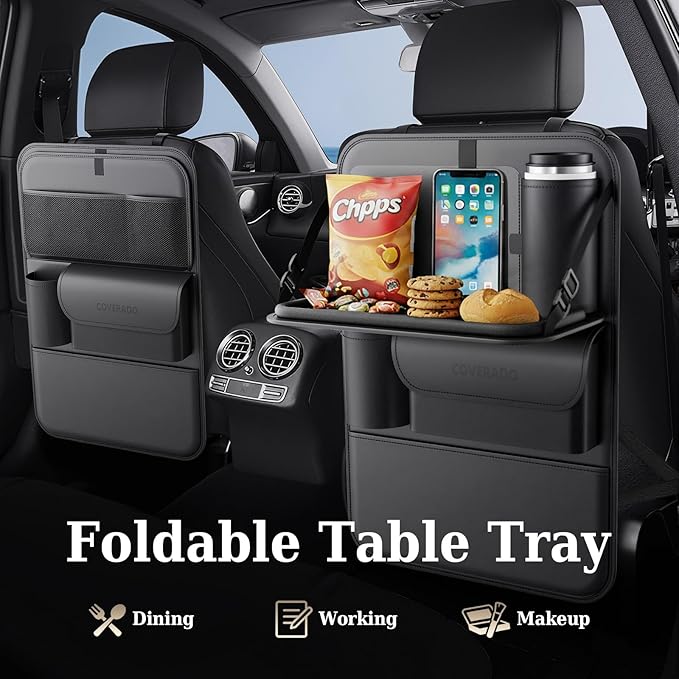 Coverado Car Backseat Organizer(2 Packs) with Tablet Tray, Nappa Leather Organizer for Car Seat Back, Waterproof Car Seat Organizer with Touch Screen, Seat Protector Kick Mats for Kids