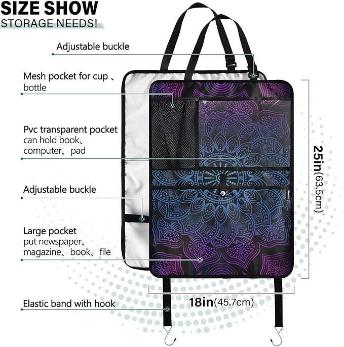 JIPONI Car Backseat Organizer, Boho Mandala Automotive Back Seat Protector, Kick Mats with Storage Pockets for Kids Pets, Road Trip Accessories (2 Pack)