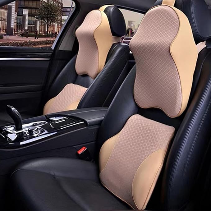 Car Headrest and Lumbar Support Pillow for Honda Civic 2012-2026 Seat Back Cushion Neck Pillow Driving Support Cushion Interior Accessories,1 Set of headrest and Lumbar Support-Beige Style