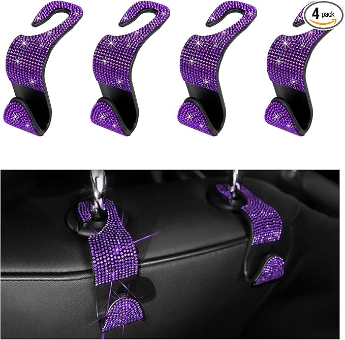 4PCS Bling Car Seat Headrest Hooks, Auto Back Seat Hanging Storage Organizer for Purse Handbag Coat, Rhinestone Vehicle Seat Hanger Holder for Women Girls, Car Accessories (Purple)