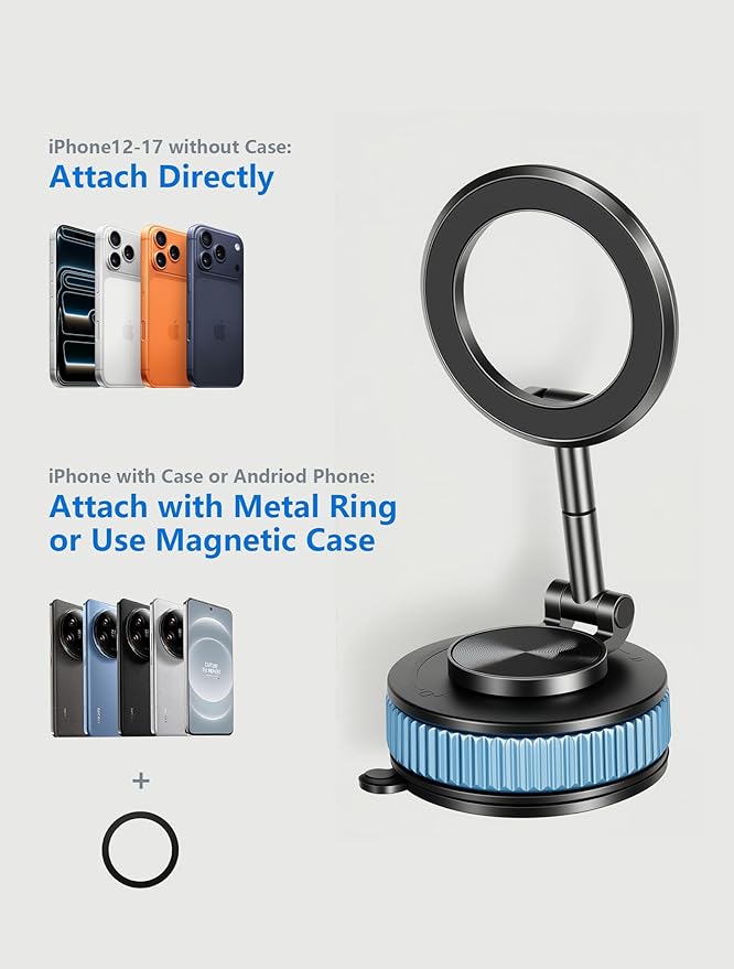 AOLIJIA Magnetic Phone Holder car，Metal Body Durable and Solid,Vacuum Suction Cup Phone Holder, Magsafe Car Mount for iPhone, Folding Holder for iPhone and Android