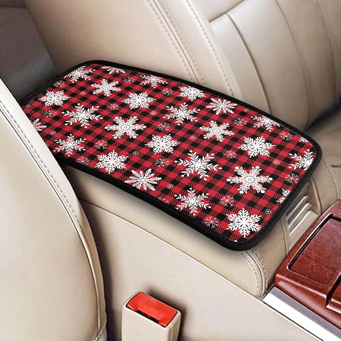 DORKEIXIA Snowflake Christmas Red Buffalo Plaid Auto Center Console Armrest Pad Universal Car Center Console Cover Seat Box Cover for Sedan, Van, SUV, Truck Car Accessorie