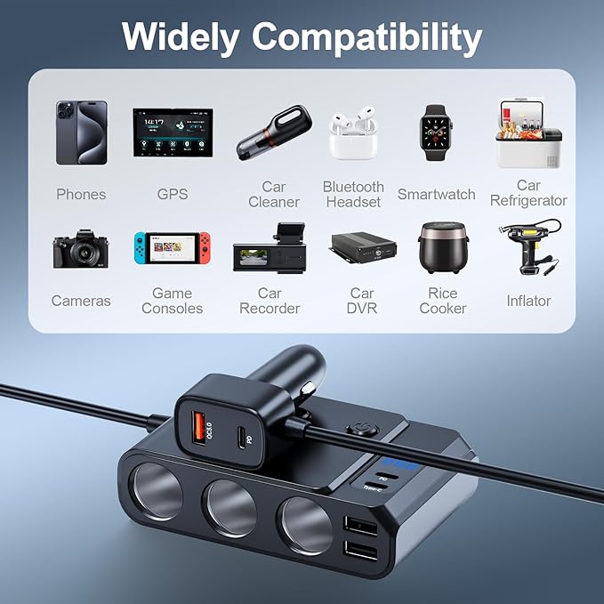 Tendak 9 in 1 Cigarette Lighter Adapter, 150W Cigarette Lighter Splitter with PD 30W/QC3.0, 3 USB Ports (Type-C+2 USB-A), Independent Switches, LED Voltage Display, Plug Outlet 12V/24V(3.3ft Cable)