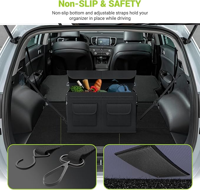 MIU COLOR Car Trunk Organizer with Lid, Foldable Car Storage Organizer with 3 Compartments, 8 Pockets, Leather Handles, Non-Slip Bottom, Car Organizer and Storage for SUV, Van, Grocery, Camping