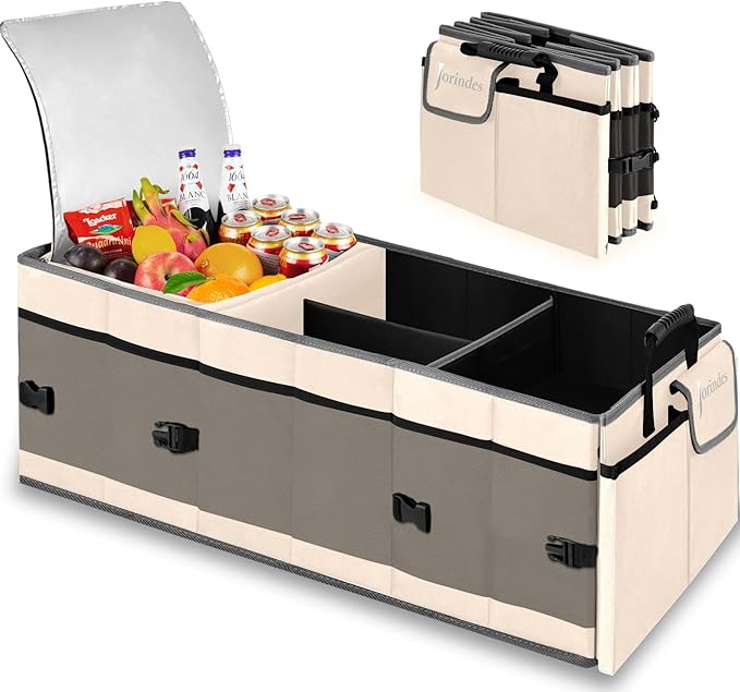 Trunk Organizer with Built-in Insulated Leak Proof Cooler Bag,Collapsible Cargo Organizer for SUV with Non Slip Bottom Strips,3 Large Compartments Foldable Waterproof Portable Car Storage Box