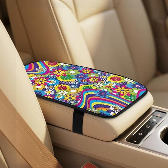 Psesaysky Hippie Flower Auto Accessories Decor Set of 5, Leather Armrest Covers, 2 Piece Seabelt Pads, Breathable Front Seat Protectors Universal Fit for Car Truck SUV