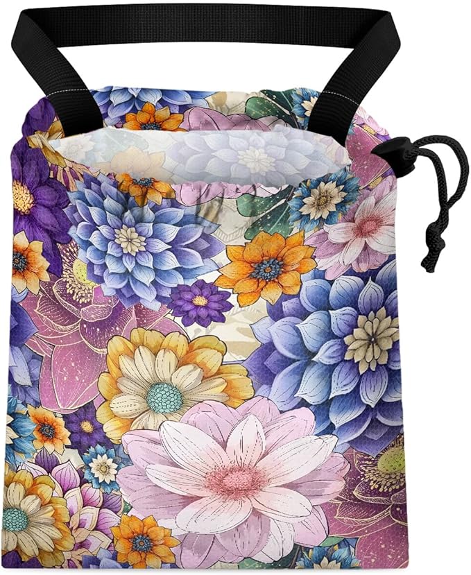 GEGEPINK Car Trash Bag Hanging Back of Seat Waterproof Small Cute Printed One-Handed Strap Drawstring Garbage Bags for Car-Purple Boho Floral