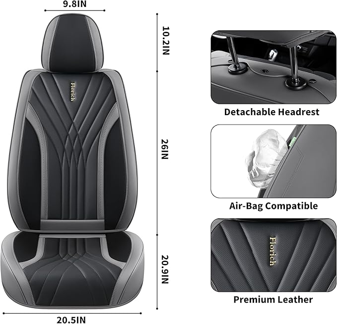FLORICH Seat Covers, Front Leather Seat Covers, Car Seat Covers 2 PCS,Waterproof Seat Cover for Cars, Luxury Leatherette Gary Car Seat Cushion, Automotive Seat Covers for Sedan SUV Pick-up Truck
