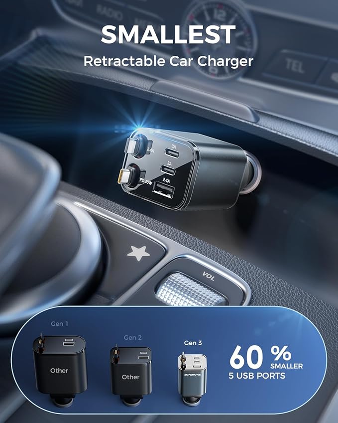 2025 Ultra-Compact SUPERONE Retractable Car Charger, 5 in 1 Car Phone Charger with Dual Cables, 84W Fast Charging USB C Car Accessories Adapter for iPhone 17/16/15/14/13/12/11, Galaxy, Pixel