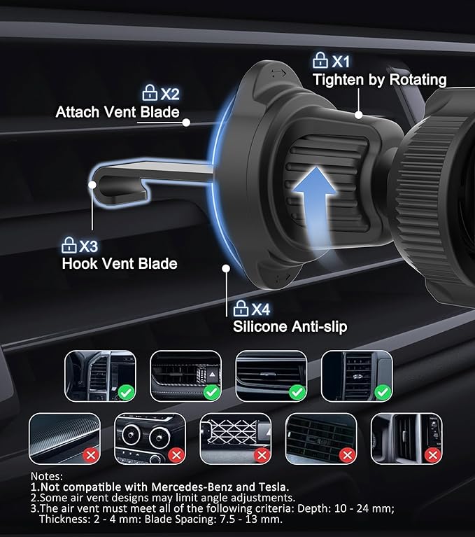 Car Mount Charger, 15W Fast Charging Auto Clamping Wireless Car Charger with 7-Color LED Lights, Air Vent Phone Holders for Your Car Accessory for iPhone Air 17 Pro Max 16 15 14 13 12, Galaxy S25