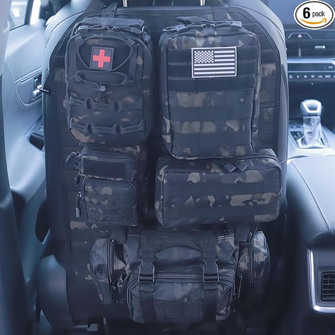 Universal Tactical Car Seat Back Organizer Bag Tactical Molle Vehicle Organizers Panel Vehicle Protector Organizers with 5 Detachable Pouches for Car Truck Ford Jeep (Model A-Black camo)
