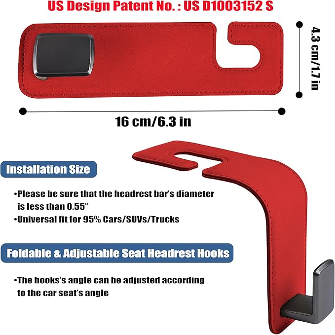 Amooca Car Seat Back Hook Universal Auto Storage Hanger Suede with Metal Car Seat Organizer for Handbag Purse Coat Umbrellas Grocery Bags 2 Pack Red