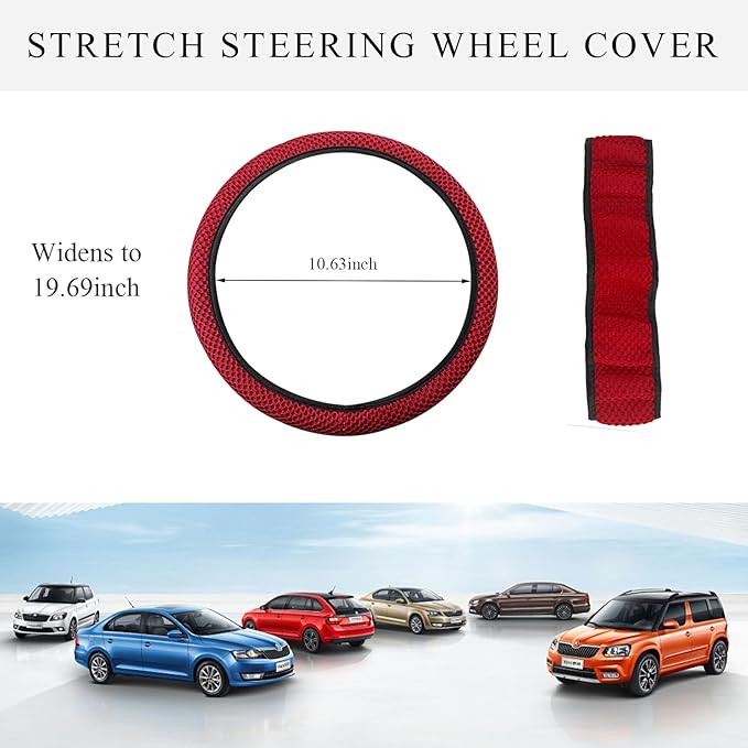 Elastic Steering Wheel Cover, 15"×15" Comfy Breathable Stretch Steering Wheel Protector, Ice-Silk Cloth Polyester Steering Wheel Cover for Men Women, Car Accessories (Wine Red)