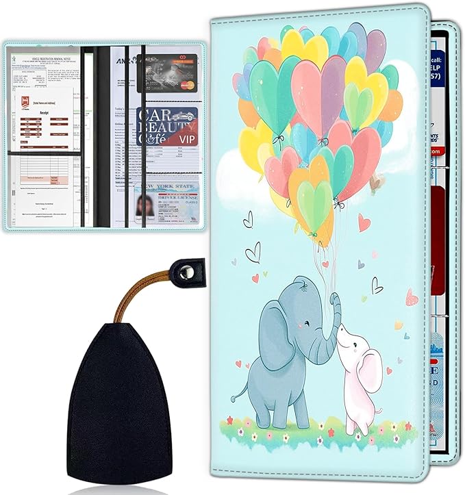 Car Registration Holder, Waterproof PU Leather Vehicle Card Document Glove Box Organizer, Women Interior Auto Accessories Case for Cards, Driver License Car Insurance Holder, Cute Cartoon Elephant