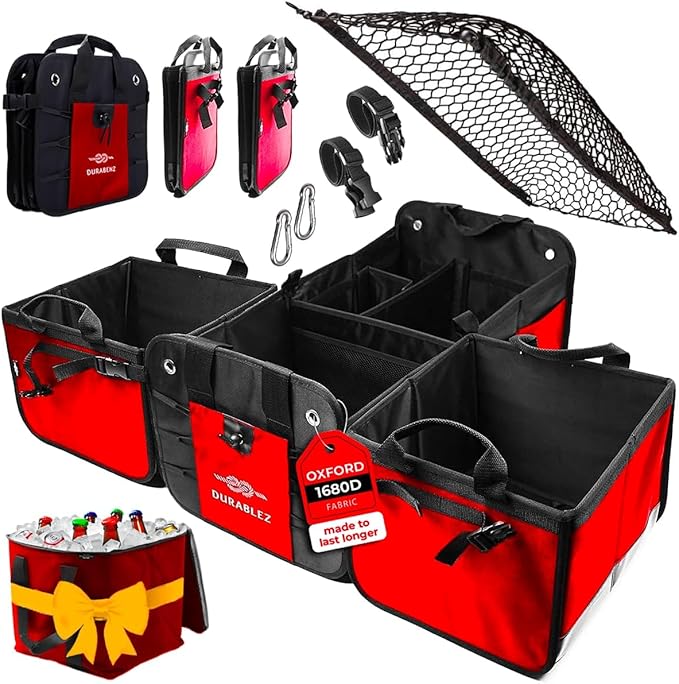 DURABLEZ 5-Section Trunk Organizer with Cooler – Extra Large Modular Car Storage System with Insulated Compartment, Foldable Multi-Module Cargo Organizer for Groceries & Travel – Red