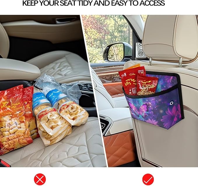 Renewold Purple Butterfly Flower Auto Front Rear Seat Storage Bag for Cell Phone Sunglasses Coin Car Side Pocket Organizer Holder Tray Pouch for Vehicle Seat Console Door Multifunction for Home Office
