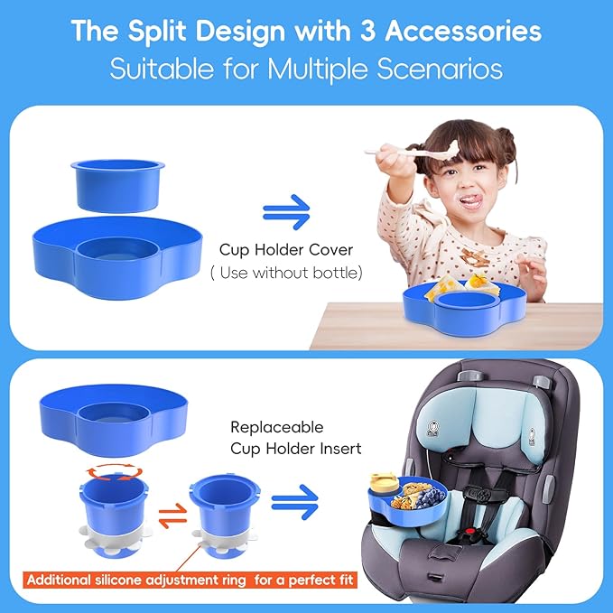 2PCS Resptasski Car Seat Cup Holder Snack Tray for Kids – Travel Tray for Car, Booster, Stroller, Outdoor Essentials Kit. Universal Adjustable Tray with Detachable Base for Snacks, Toys, Food (Blue)