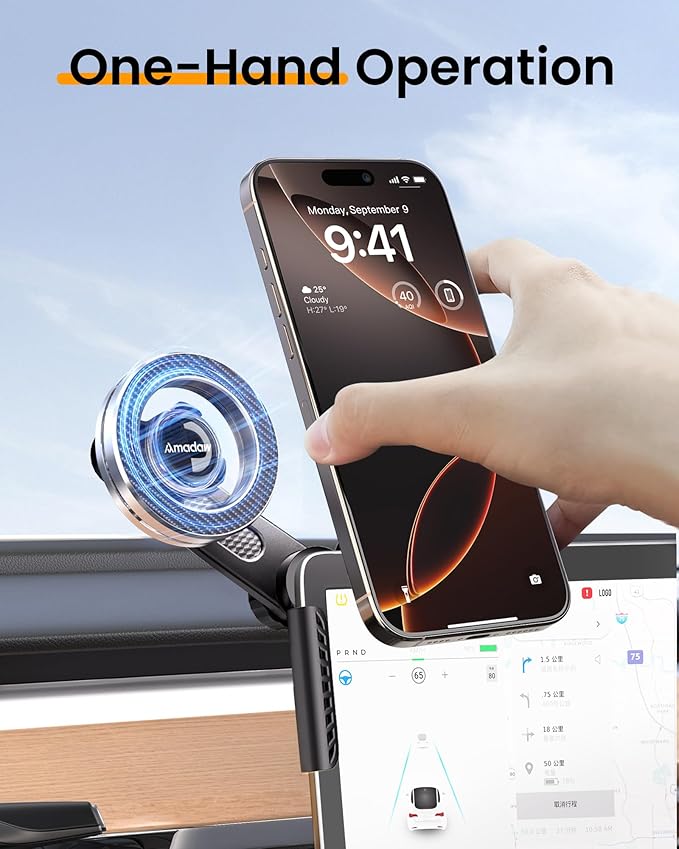 2026 Upgrade Tesla Phone Mount [Non-Adhesive Version] [N55 Strongest Magnet] Hands-Free No-Drop for Magsafe, Fits for Tesla Model Y/3/X/S/Cybertruck, Compatible with iPhone 17/16/15 All Phones