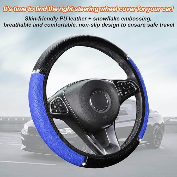 Car Steering Wheel Cover, PU Leather Elastic Vehicle Steering Wheel Protector, 14.5-15 Inches Non Slip Automotive Interior Steering Wheel Accessories, Universal Fit (Blue)