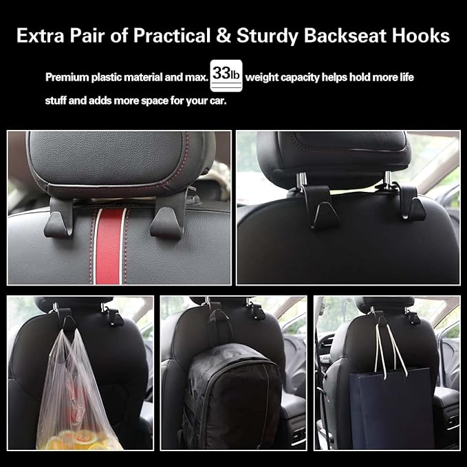 Car Net Pocket Handbag Holder Between Seats, Large Capacity Car Bag Purse Holder, with 2 Headrest Hooks, Heightened Front Railing, Leather Material, Reinforced Wiring, Rear Backseat Organizer
