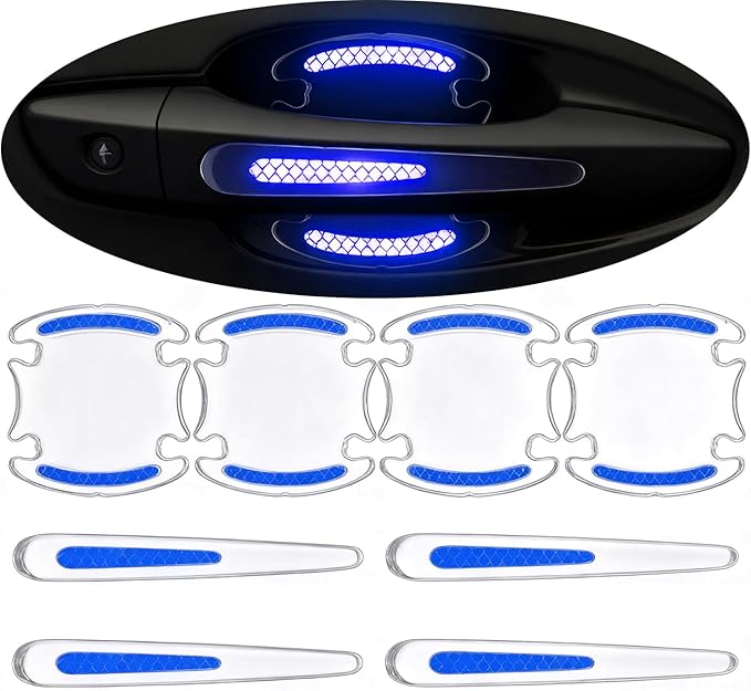 8pcs Clear Car Door Handle Scratch Protector，Clear-Transparent & 3D Carbon Fiber-Marking,Anti Scratch,Universal Auto Door Handle Anti Scratch Cover Guard (Blue)