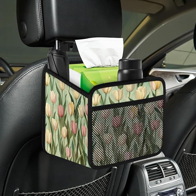 Pastel Tulip Green Car Backseat Organizer PU Leather Automotive Back Seat Storage Bag Universal Hanging Garbage Box Travel Accessories Foldable
