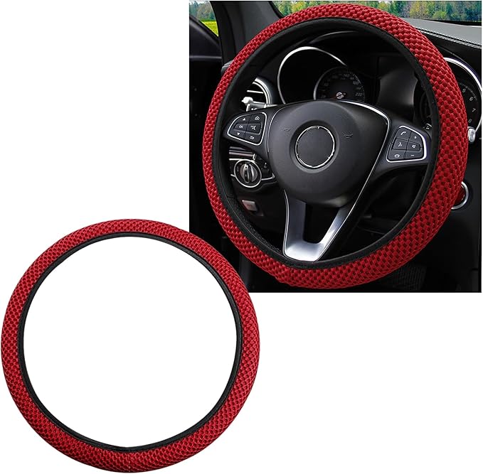 Elastic Steering Wheel Cover, 15"×15" Comfy Breathable Stretch Steering Wheel Protector, Ice-Silk Cloth Polyester Steering Wheel Cover for Men Women, Car Accessories (Wine Red)
