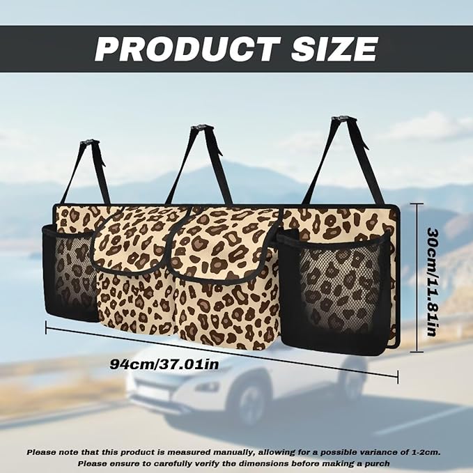 Brown Leopard Car Trunk Organizer Vehicle Seatback Hanging Storage Container with Pockets Sapce-saving Car Interior Accessories