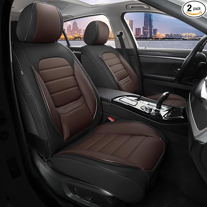COVER EMPIRE Front Car Seat Covers, 2Pcs Universal Leather Car Seat Covers, Full Coverage Waterproof Automotive Seat Covers, Breathable Car Seat Protector for Most Trucks SUVs Sedans, Black&Brown