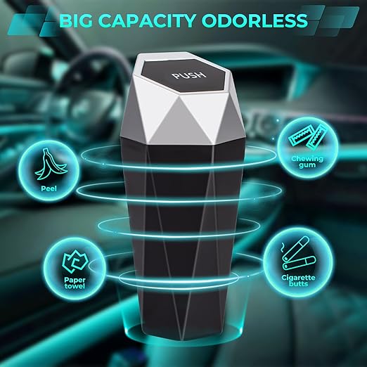Car Trash Can with Lid, 2 Pack Diamond Design Mini Cup Holder Trash Can for Car, Office, Home Use, Silver
